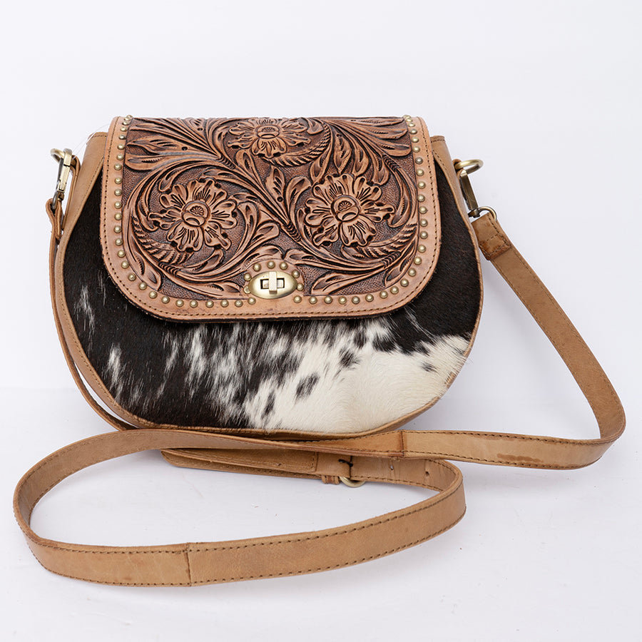 American Darling Cross body Bag, Hand-Tooled Floral Western Leather Purse, Hair-On Cowhide, 9in (H) X 3in (W) X 10in (D)