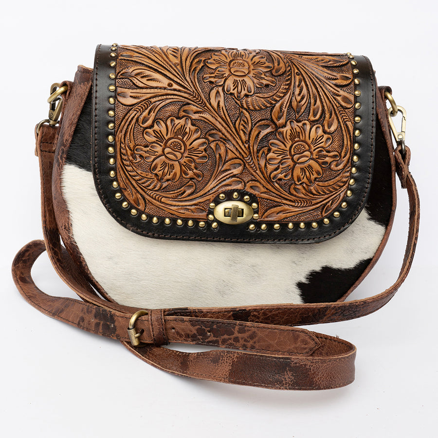 American Darling Cross body Bag, Hand-Tooled Floral Western Leather Purse, Hair-On Cowhide, 9in (H) X 3in (W) X 10in (D)