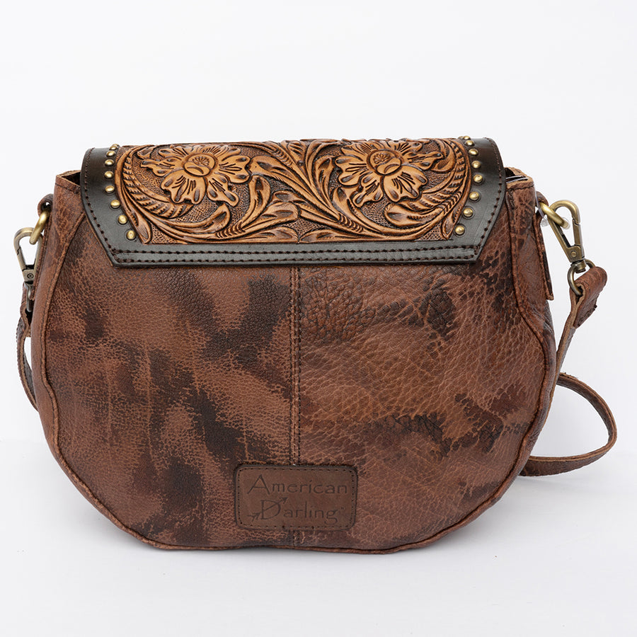 American Darling Cross body Bag, Hand-Tooled Floral Western Leather Purse, Hair-On Cowhide, 9in (H) X 3in (W) X 10in (D)