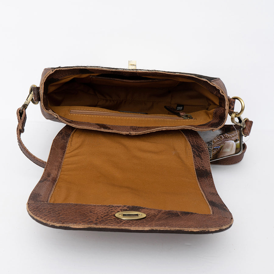 American Darling Cross body Bag, Hand-Tooled Floral Western Leather Purse, Hair-On Cowhide, 9in (H) X 3in (W) X 10in (D)