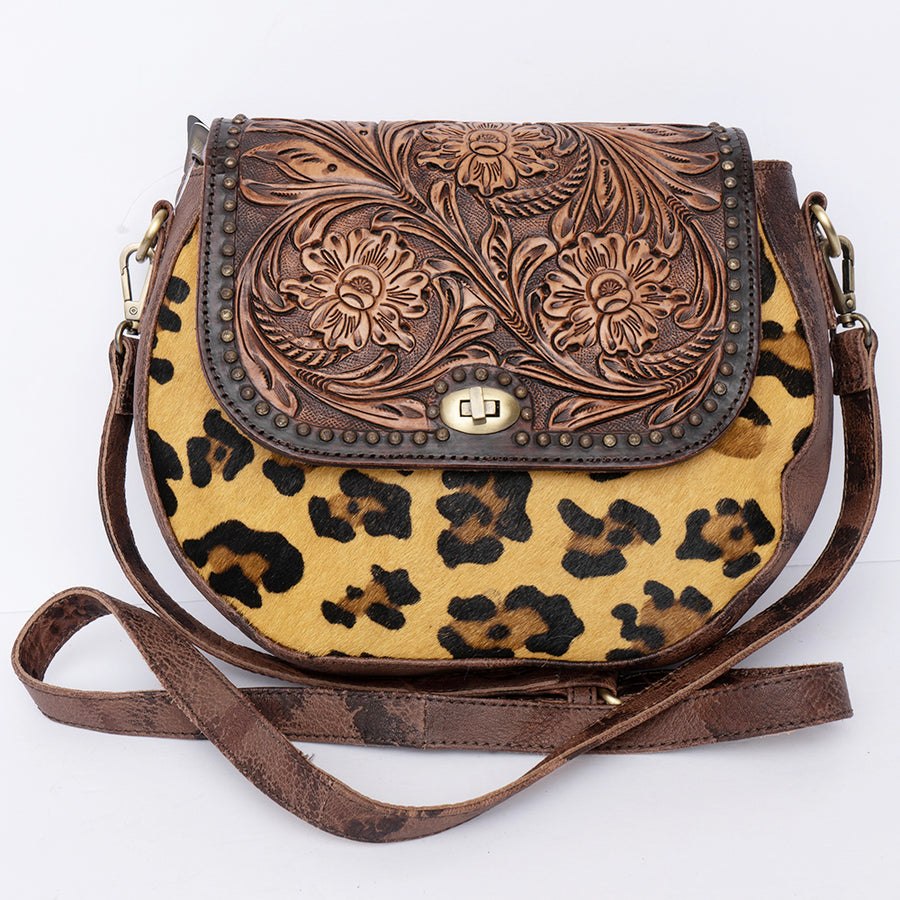 American Darling Cross body Bag, Hand-Tooled Floral Western Leather Purse, Hair-On Cowhide, 9in (H) X 3in (W) X 10in (D)
