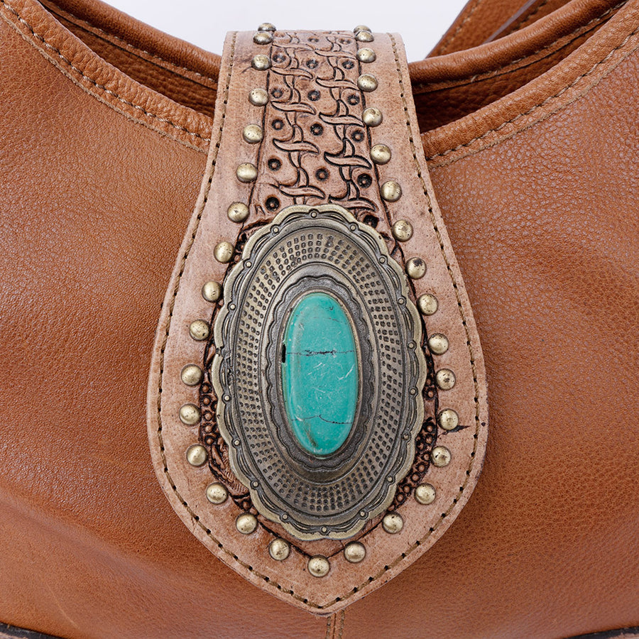 American Darling Hobo Bag, Hand-Tooled Floral Western Leather Purse with Turquoise Stone, 8in (H) X 5in (W) X 13in (D)