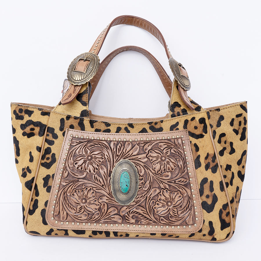 American Darling Hobo Bag, Hand-Tooled Floral Western Leather Purse, Hair-On Cowhide, Turquoise Stone, 8in (H) X 4.5in (W) X 13in (D)