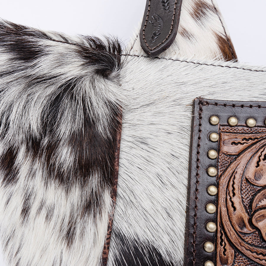 American Darling Hobo Bag, Hand-Tooled Floral Western Leather Purse, Hair-On Cowhide, Turquoise Stone, 8in (H) X 4.5in (W) X 13in (D)