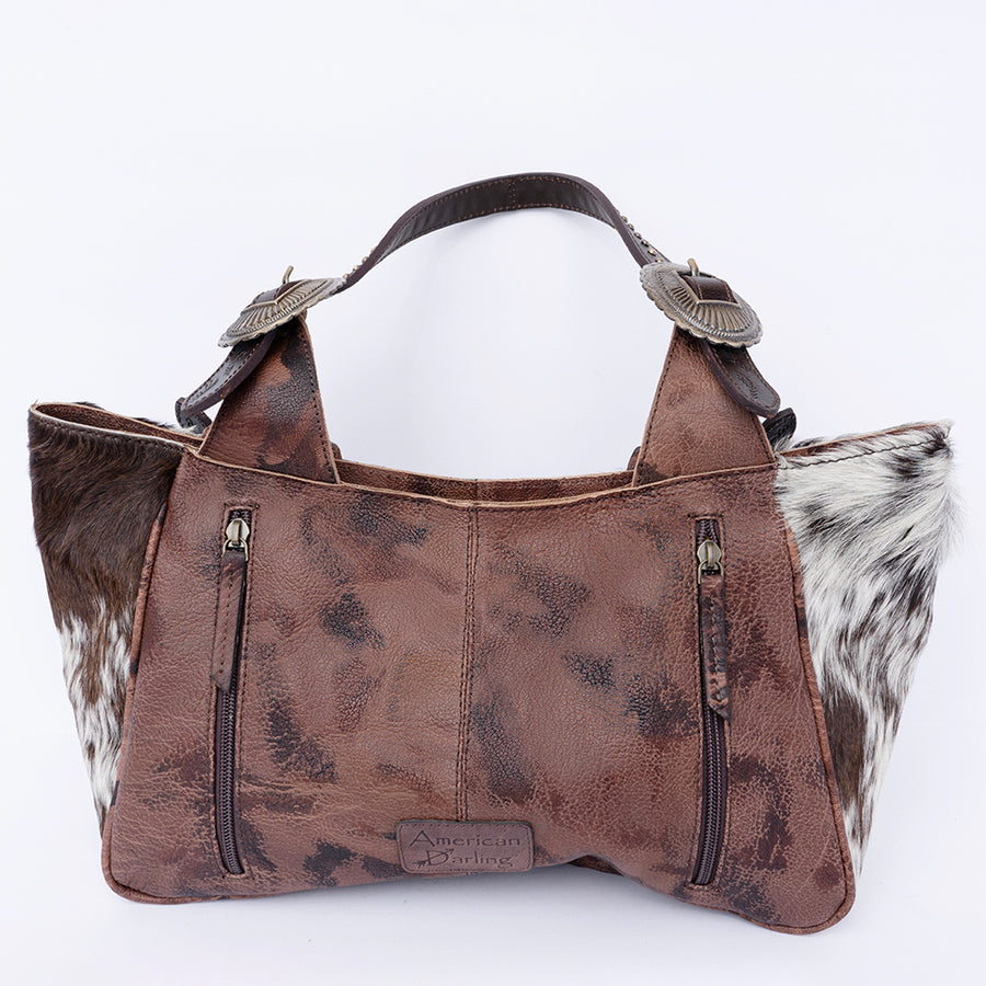 American Darling Hobo Bag, Hand-Tooled Floral Western Leather Purse, Hair-On Cowhide, Turquoise Stone, 8in (H) X 4.5in (W) X 13in (D)