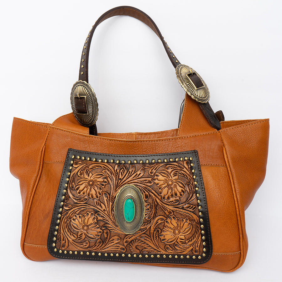 American Darling Hobo Bag, Hand-Tooled Floral Western Leather Purse, Hair-On Cowhide, Turquoise Stone, 8in (H) X 4.5in (W) X 13in (D)