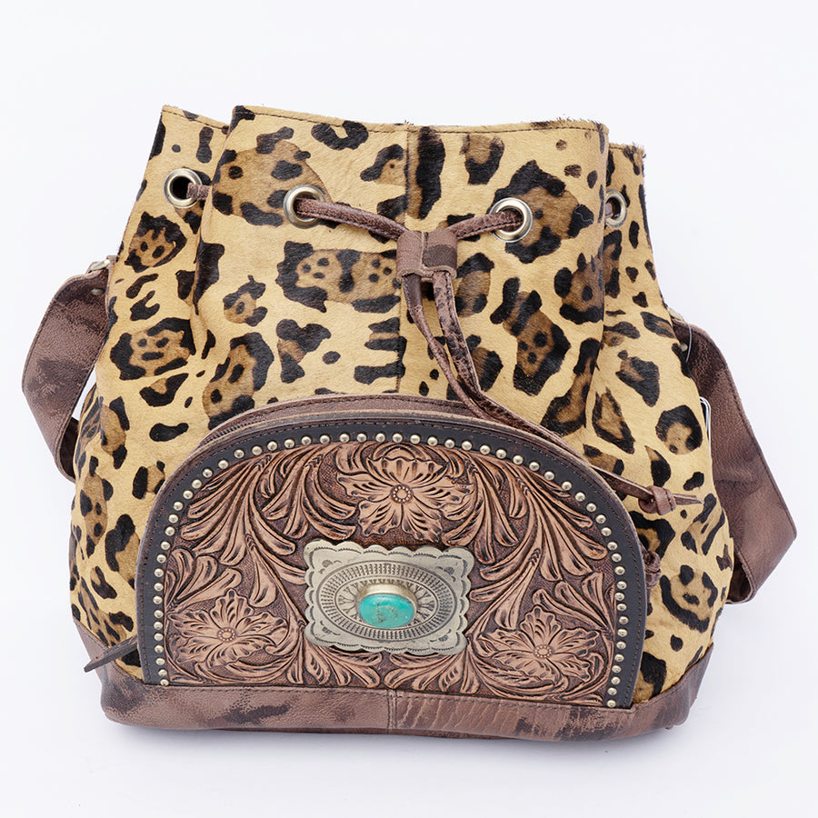 American Darling Western Hand-Tooled Floral Bucket Bag with Turquoise Stone and Cowhide - Uhorse