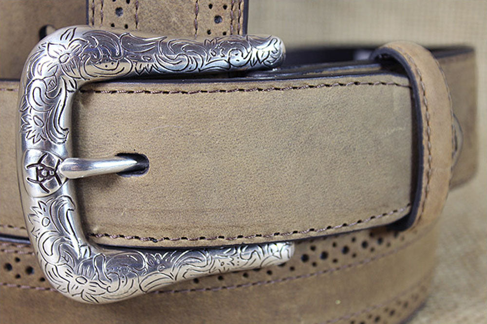Western Laether Belt Men Ariat Brown Distressed Perf Edge 32-46 In
