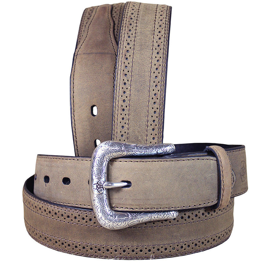 42 In W. Leather Belt Men Ariat Brown Distressed Perf Edge by Hilason – Cowboy and equestrian accessories