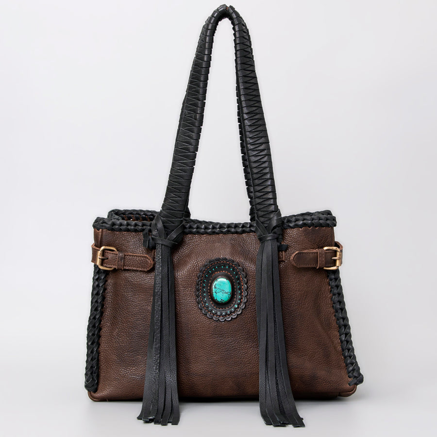 American Darling Tote Bag Western Genuine Leather Handcrafted Purse with Fringes and Turquoise Stone and Braided Handles