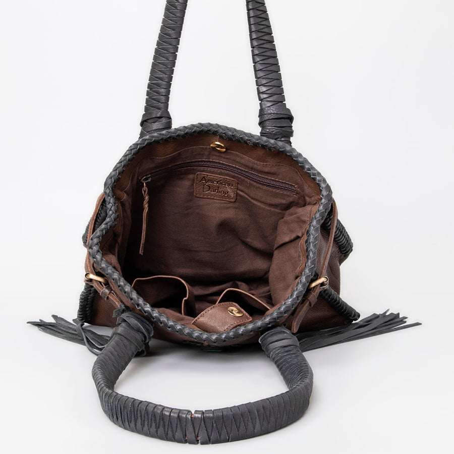 American Darling Tote Bag Western Genuine Leather Handcrafted Purse with Fringes and Turquoise Stone and Braided Handles