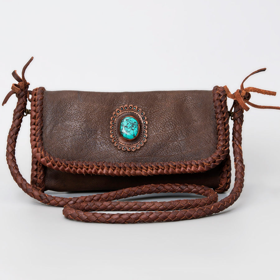 American Darling Wallet Western Genuine Leather Handcrafted Purse with Turquoise Stone and Braided Detail