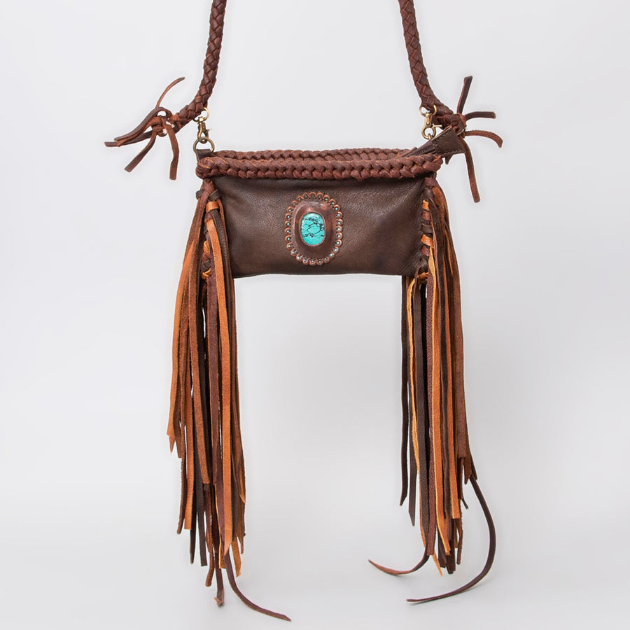 American Darling Small Cross body Bag Western Hair-On Cowhide Genuine Leather Handcrafted Purse with Fringes and Turquoise