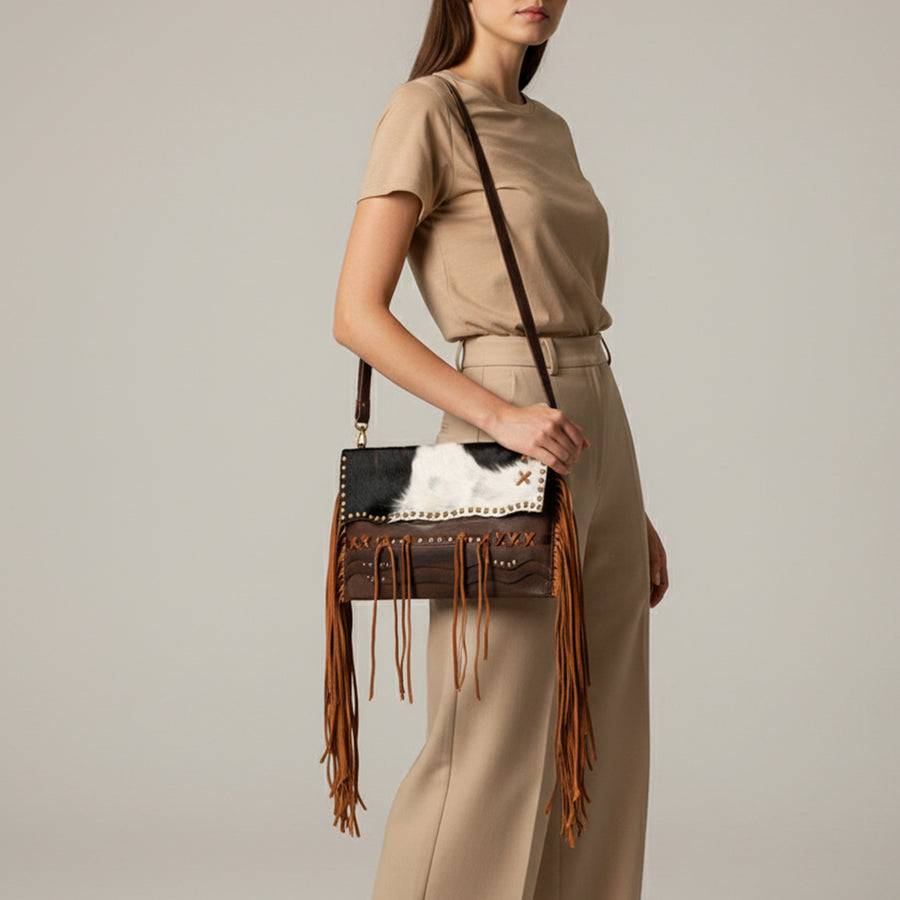 American Darling Small Cross body Bag Western Hand Tooled Floral Carved Genuine Leather Purse with Fringes and Braided Detail
