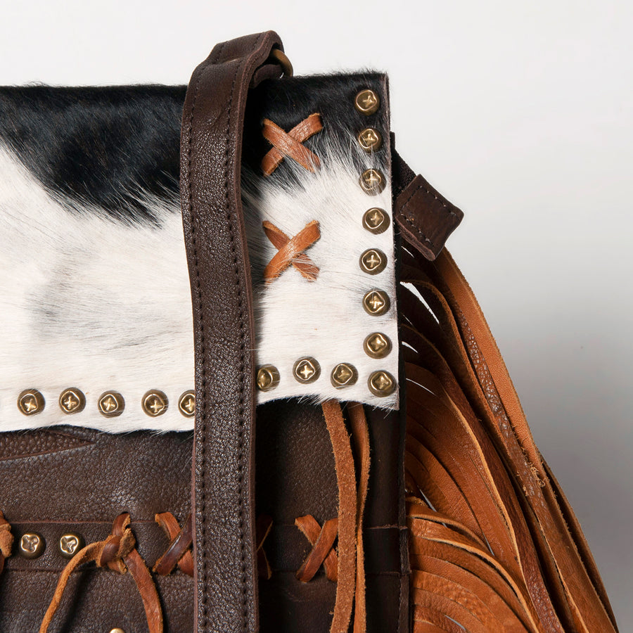 American Darling Small Cross body Bag Western Hand Tooled Floral Carved Genuine Leather Purse with Fringes and Braided Detail