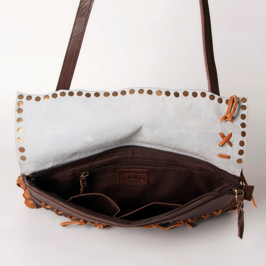 American Darling Small Cross body Bag Western Hand Tooled Floral Carved Genuine Leather Purse with Fringes and Braided Detail