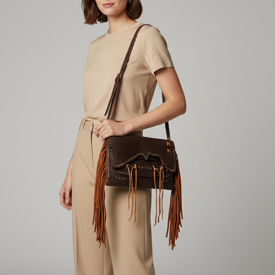 American Darling Small Cross body Bag Western Hand Tooled Floral Carved Genuine Leather Purse with Fringes and Braided Detail