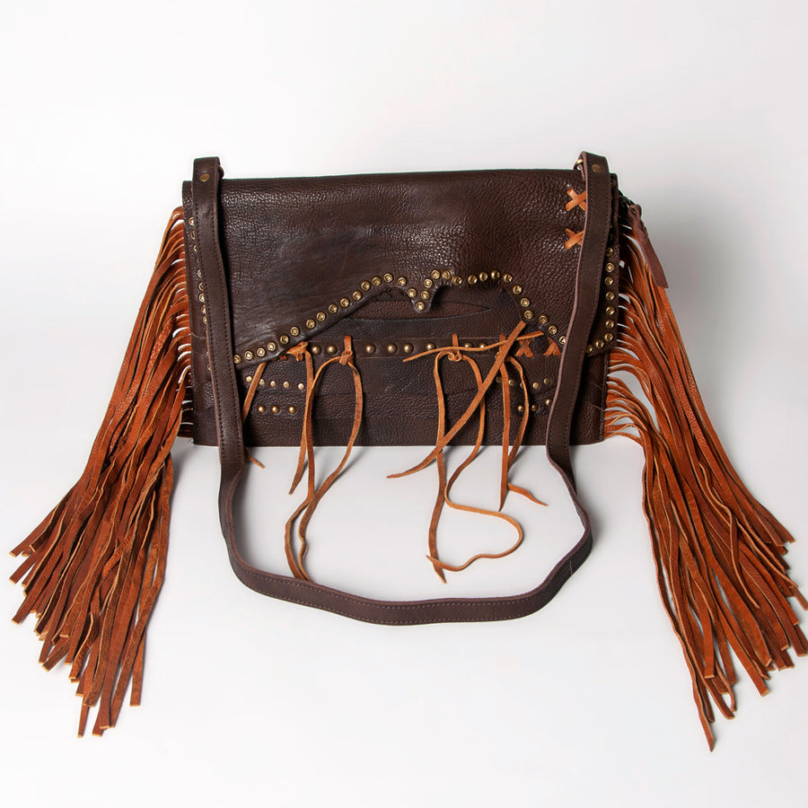 American Darling Small Cross body Bag Western Hand Tooled Floral Carved Genuine Leather Purse with Fringes and Braided Detail