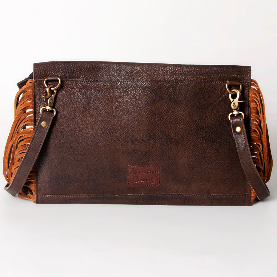 American Darling Small Cross body Bag Western Hand Tooled Floral Carved Genuine Leather Purse with Fringes and Braided Detail
