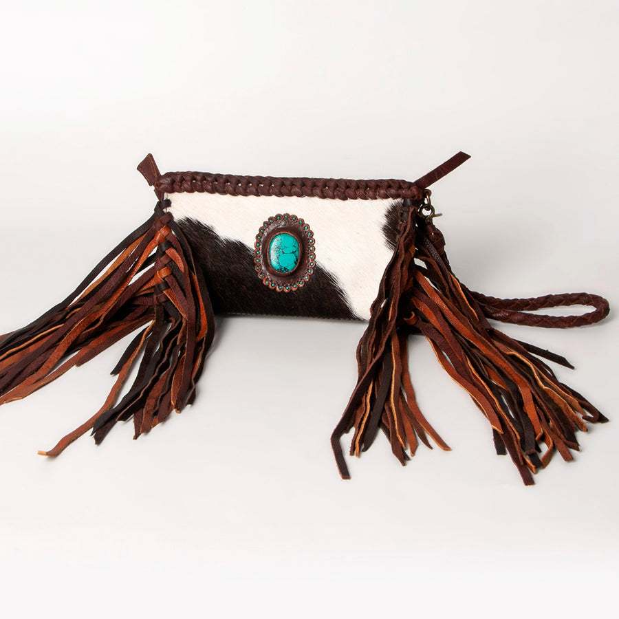 American Darling Clutch Bag Western Genuine Leather Handcrafted Purse with Fringes and Turquoise Stone
