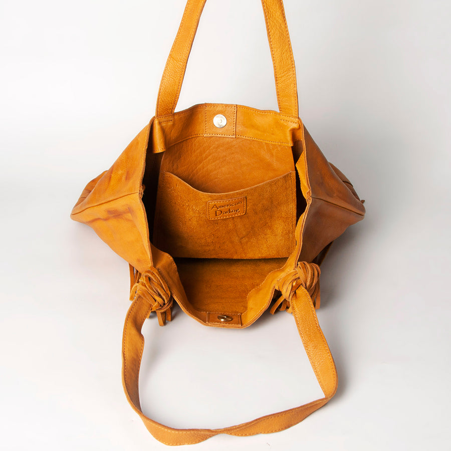 American Darling Tote Bag - Genuine Vegetable-Tanned Leather Western Purse with Fringes and YKK Zipper - 17x17in
