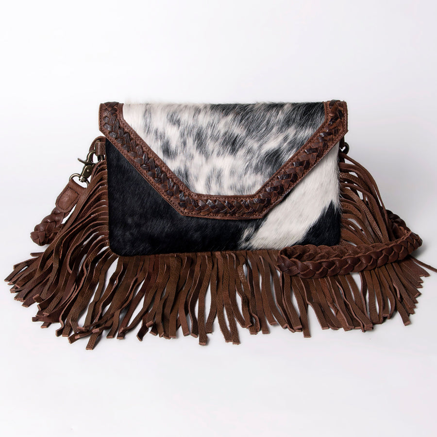 American Darling Envelope Western Hair-On Cowhide Genuine Leather Handcrafted Purse with Fringes and Braided Detail