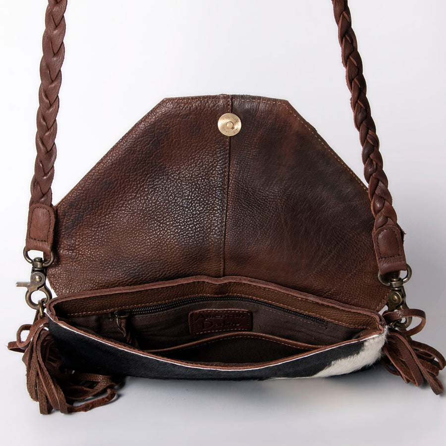 American Darling Envelope Western Hair-On Cowhide Genuine Leather Handcrafted Purse with Fringes and Braided Detail