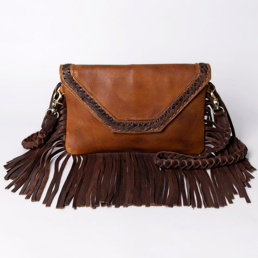 American Darling Envelope Western Genuine Leather Handcrafted Purse with Fringes and Braided Detail