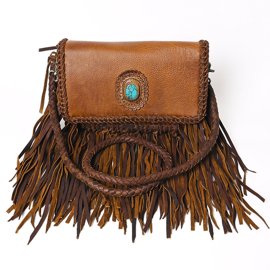 American Darling Wallet Western Genuine Leather Handcrafted Purse with Fringes, Braided Strap and Turquoise Stone