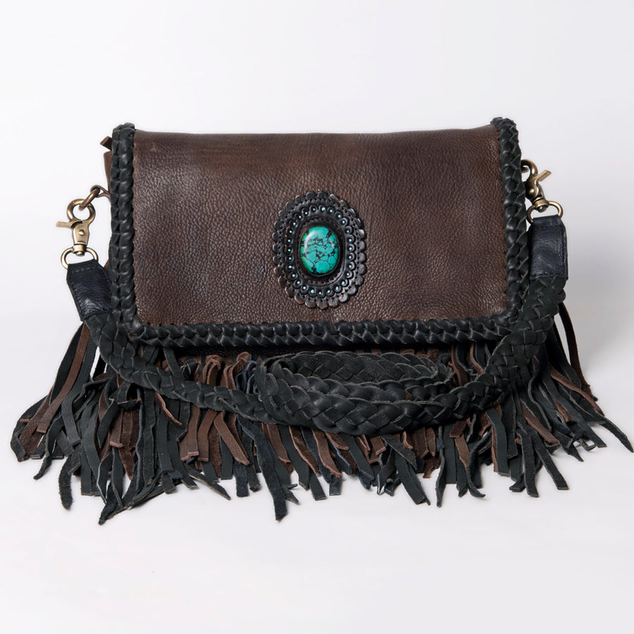 American Darling Wallet Western Genuine Leather Handcrafted Purse with Fringes, Braided Strap and Turquoise Stone