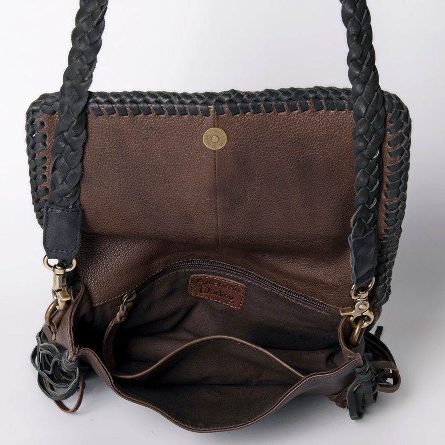 American Darling Wallet Western Genuine Leather Handcrafted Purse with Fringes, Braided Strap and Turquoise Stone