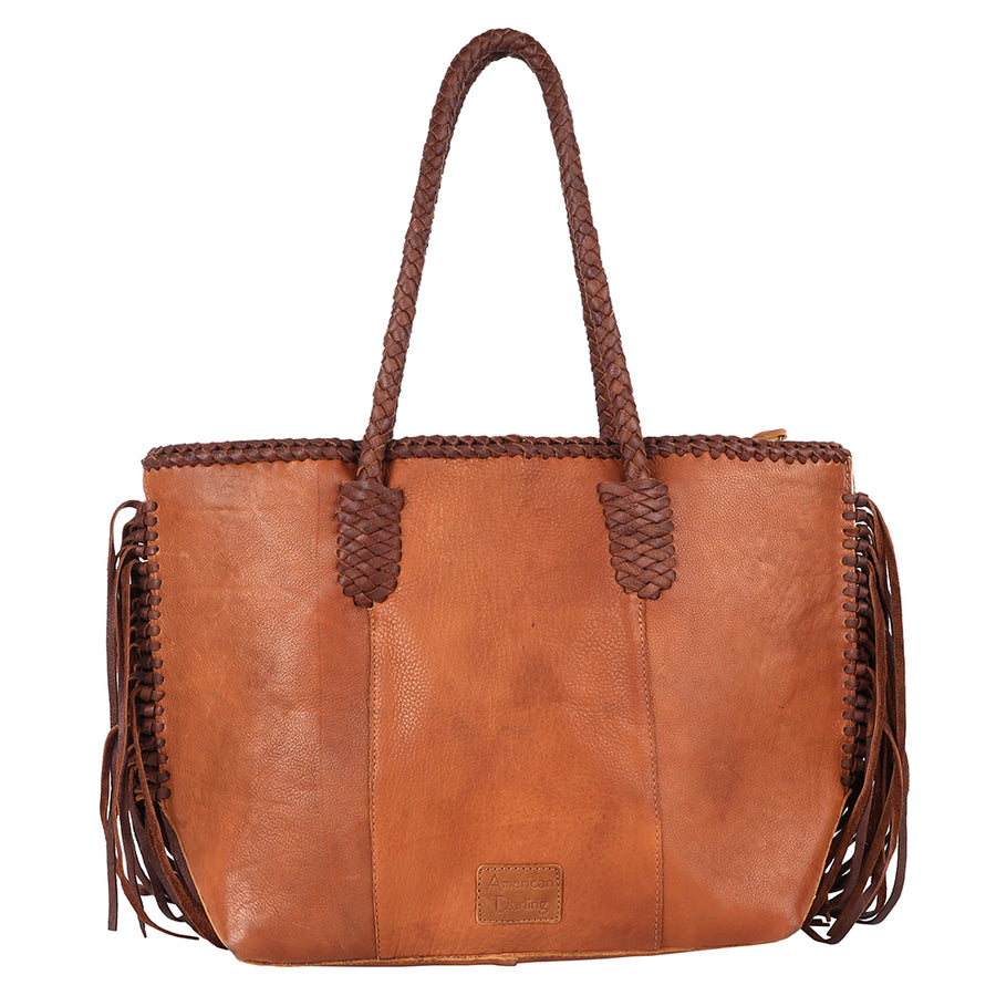 American Darling Tote Bag Western Genuine Leather Handcrafted Large Purse with Fringes and Braided Straps