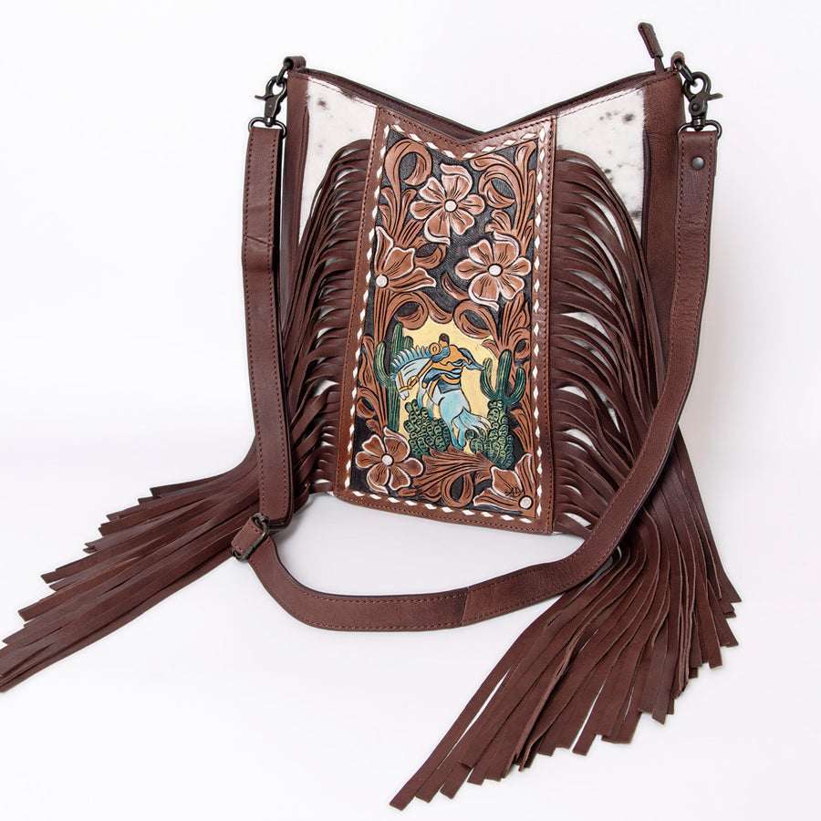 American Darling Messenger Hand Tooled Hair On Genuine Leather Women Bag Western Handbag Purse - Uhorse