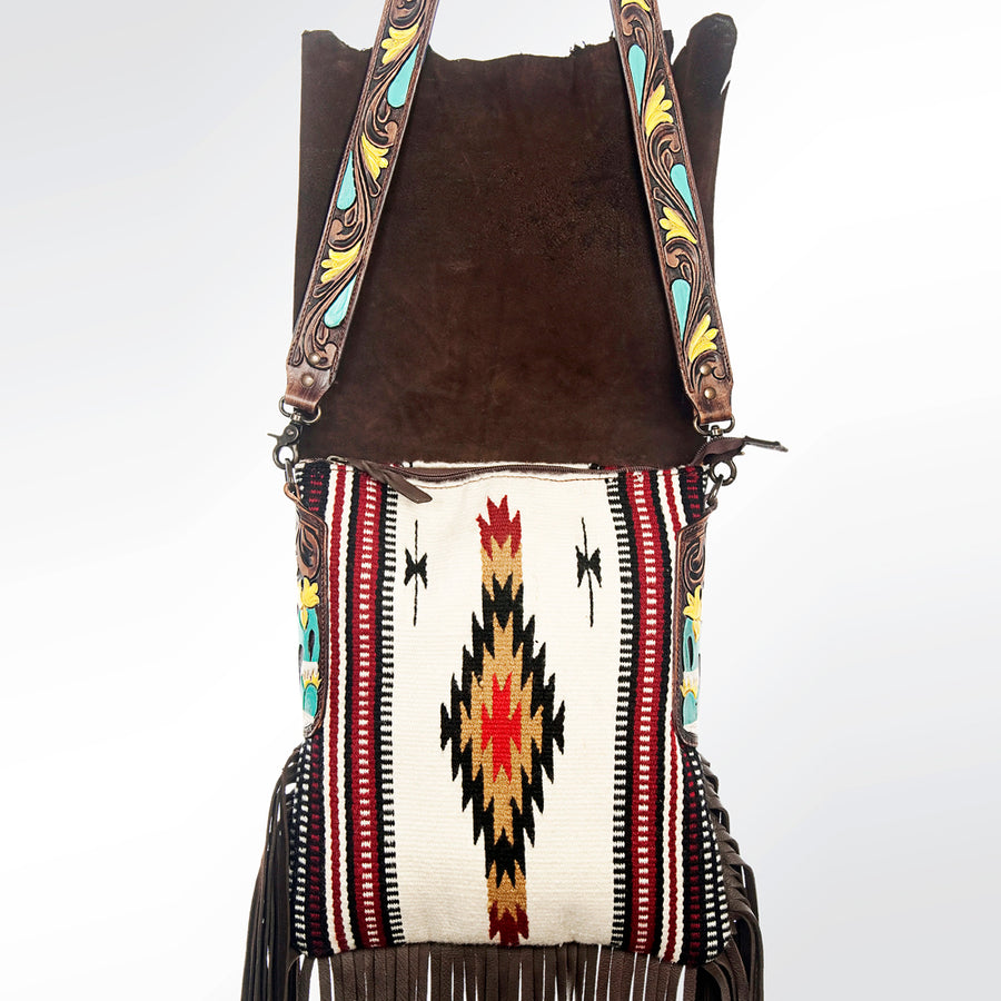American Darling Cross body Bag Hand Tooled Floral Carved Genuine Leather Western Purse with Woven Saddle Blanket & Fringes