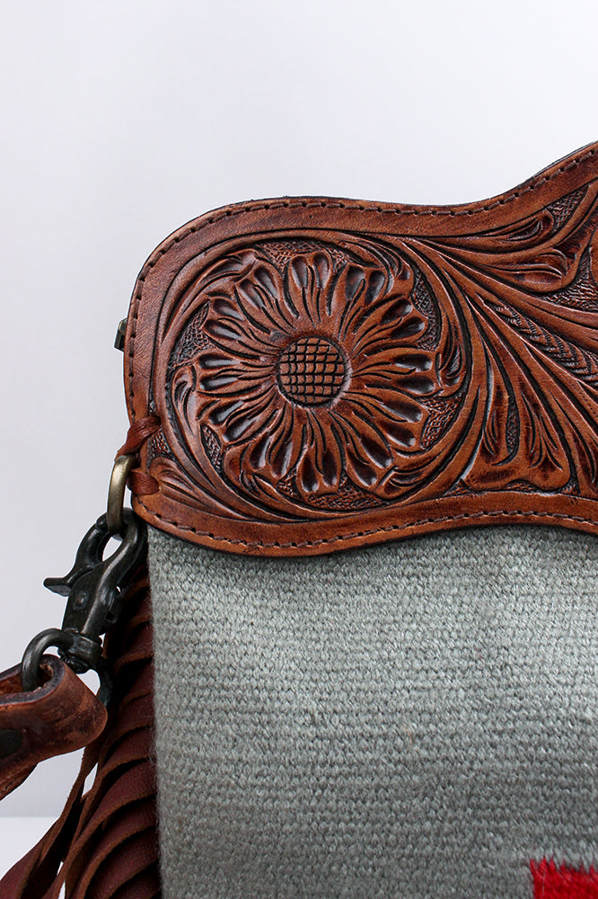 American Darling Clutch Bag Hand Tooled Floral Carved Genuine Leather Western Purse with Hand Woven Saddle Blanket & Fringes