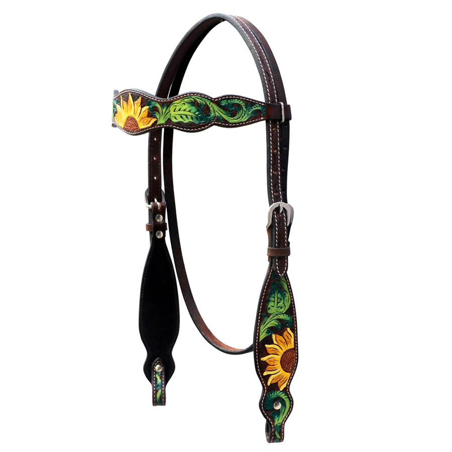 Bar H Equine Horse Genuine Leather Floral Design Hand Painted Headstall Brown - Uhorse
