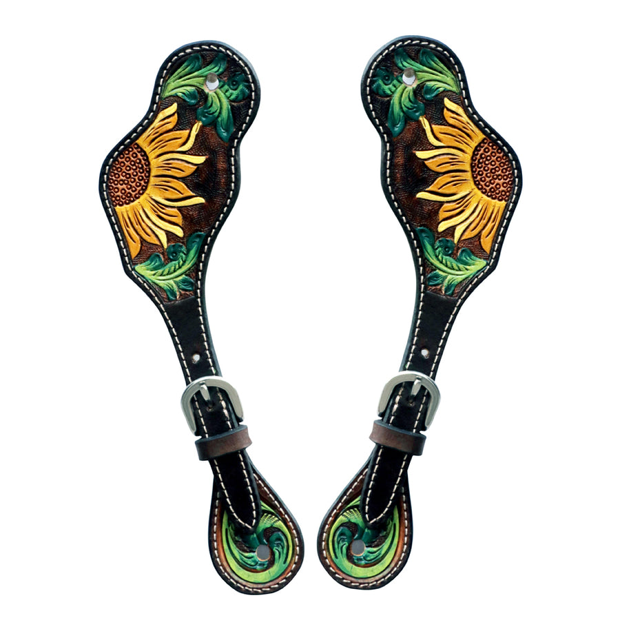 Leather spur straps with sunflower tooling - Uhorse