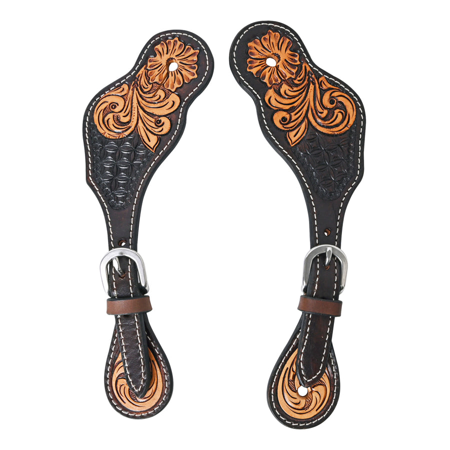 Black leather spur straps with tooled floral design - Uhorse