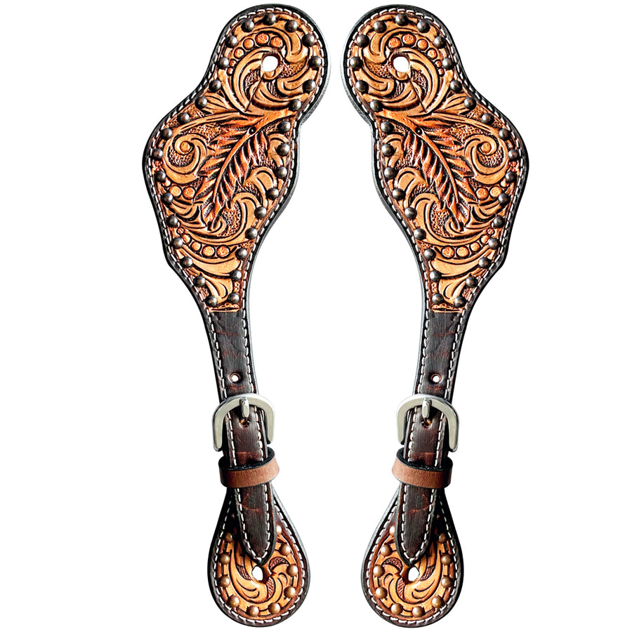 Leather spur straps with tooled copper design - Uhorse