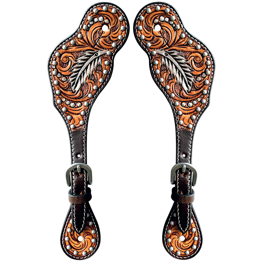Leather spur straps with tooled floral design and conchos - Uhorse