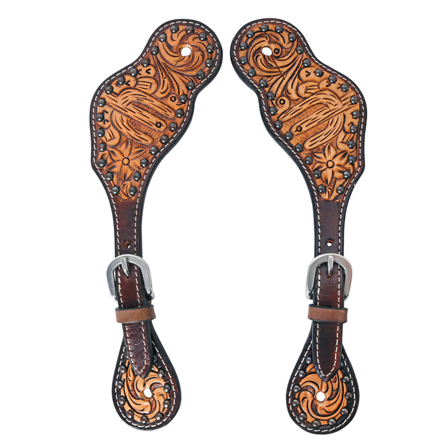 Tooled leather spur straps with silver buckles - Uhorse