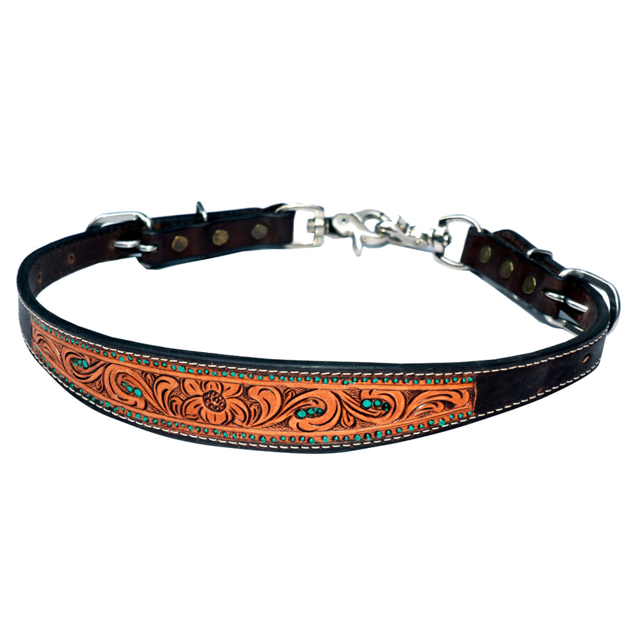 Black leather western cinch with tooled orange leather center panel - Uhorse