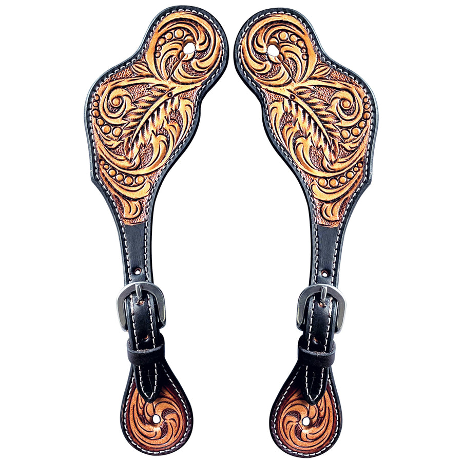 Leather spur straps with tooled floral design - Uhorse