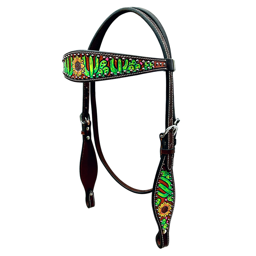 Bar H Equine Horse Genuine Leather Floral Hand Painted Headstall Brown - Uhorse