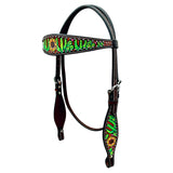 Bar H Equine Horse Genuine Leather Floral Cactus Hand Painted Breast Collar ,Headstall Brown