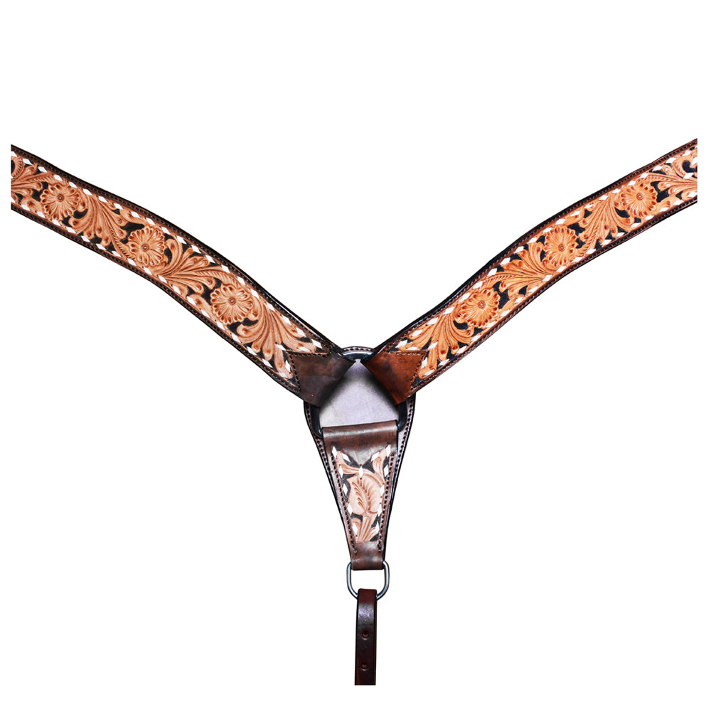 COMFYTACK By Hilason Western Horse Leather Breast Collar Headstall Set Side Buck Stitch Tan With Black Inlay