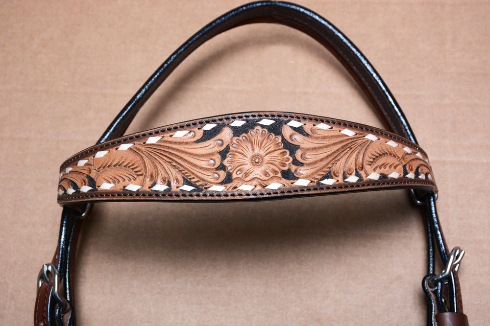 COMFYTACK By Hilason Western Horse Leather Breast Collar Headstall Set Side Buck Stitch Tan With Black Inlay