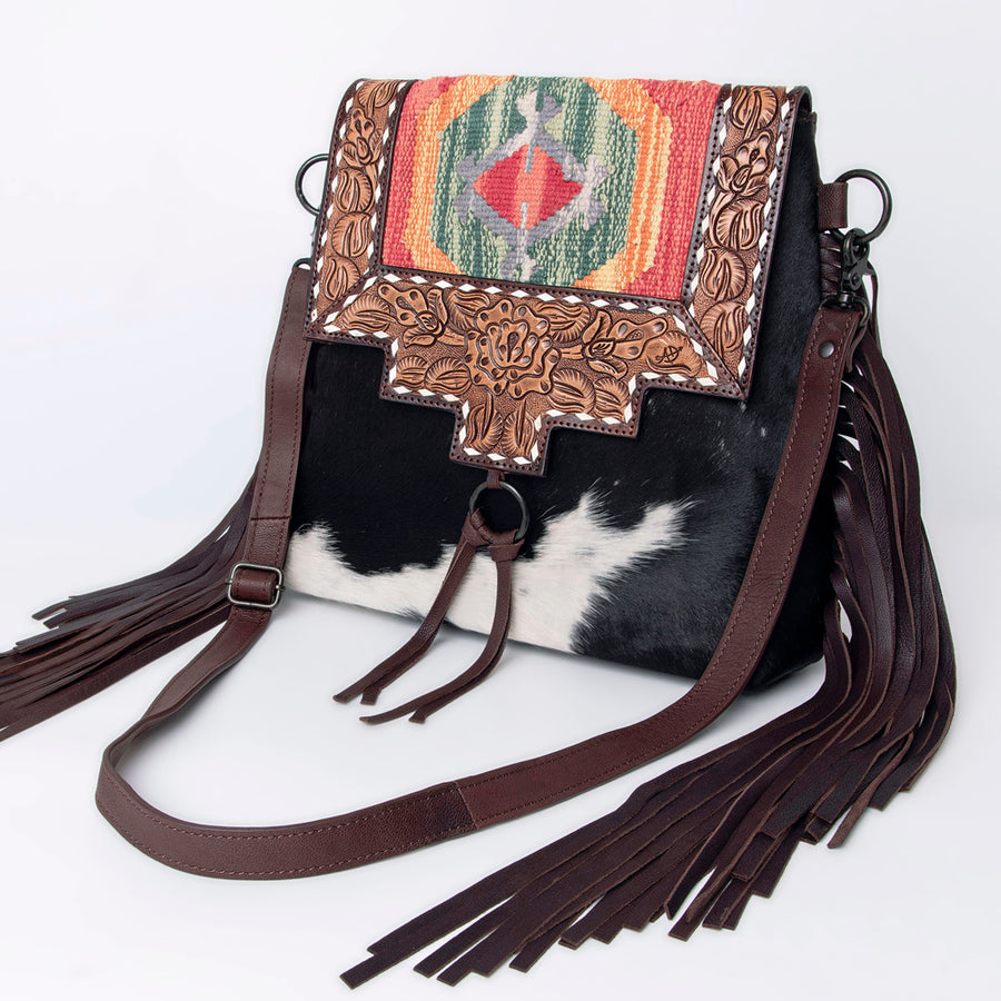 American Darling Messenger II Hand Tooled Saddle Blanket Hair-On Genuine Leather Women Bag Western Handbag Purse - Uhorse