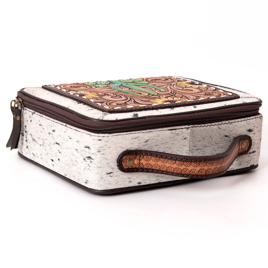 American Darling Jewelry Case for Women - Hair-On Cowhide, Hand Tooled Floral Carved Genuine Leather Travel Organizer