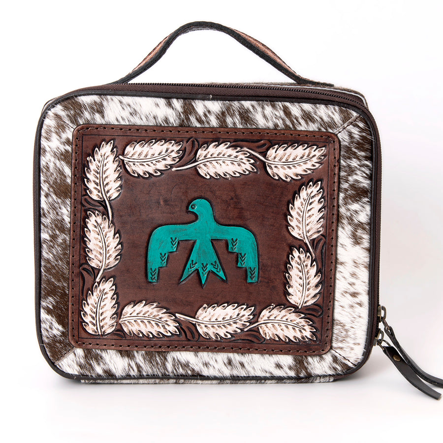 American Darling Jewelry Case for Women - Hair-On Cowhide, Hand Tooled Floral Carved Genuine Leather Travel Organizer